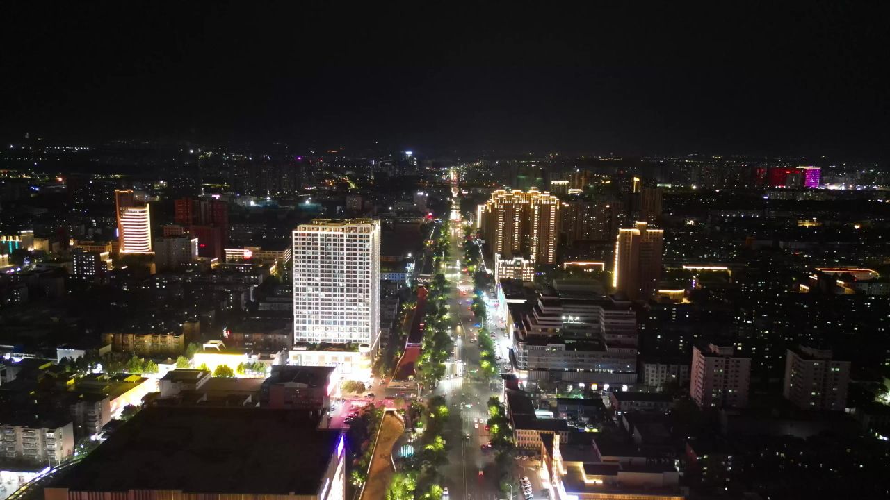 航拍淄博城市夜景柳泉路