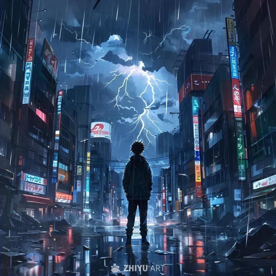 夜间，一名动漫人物站在被雨水浸湿的破败城市中央，抬