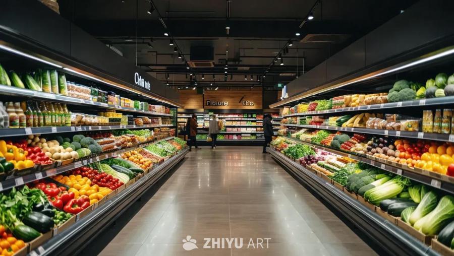 超市的货架上摆满了琳琅满目的商品，包括水果、蔬菜和