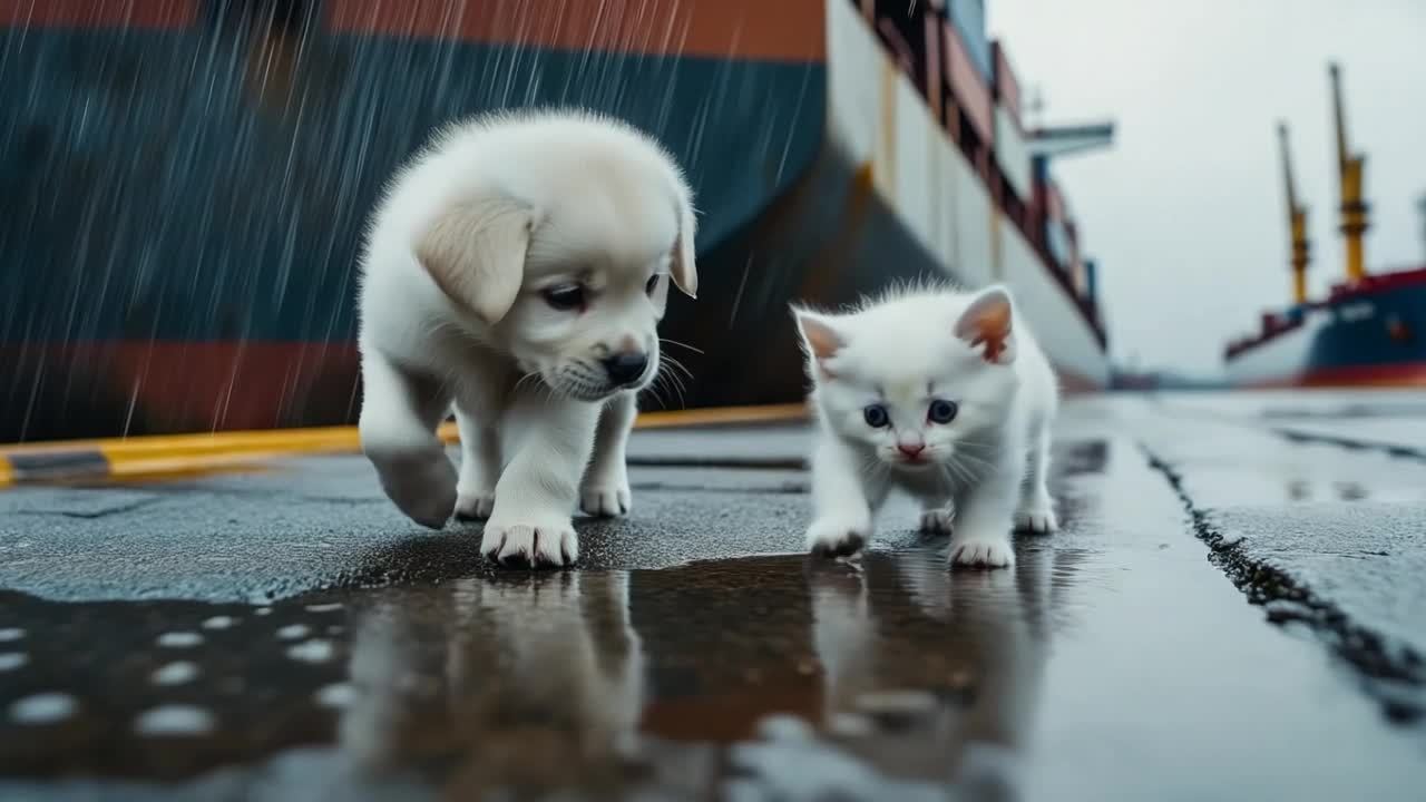 雨水顺着不平整的地面流淌，在停靠的货船附近形成小水