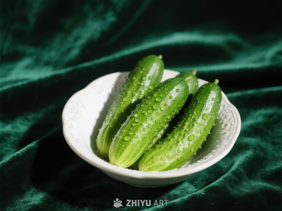 青翠黄瓜置于白色瓷碗中 339