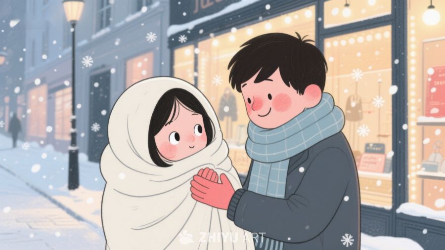 雪夜街头的温暖瞬间 539