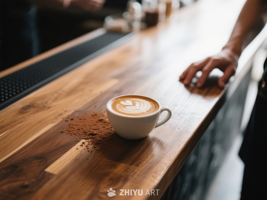 木桌上的咖啡杯与手 390