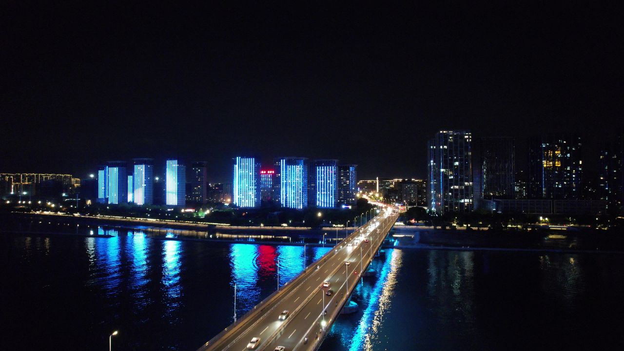 福建福州闽江夜景灯光中洲岛万达广场航拍