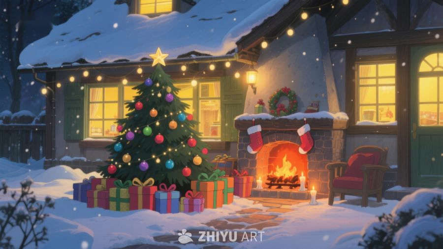 温馨圣诞夜，树灯映雪景 312