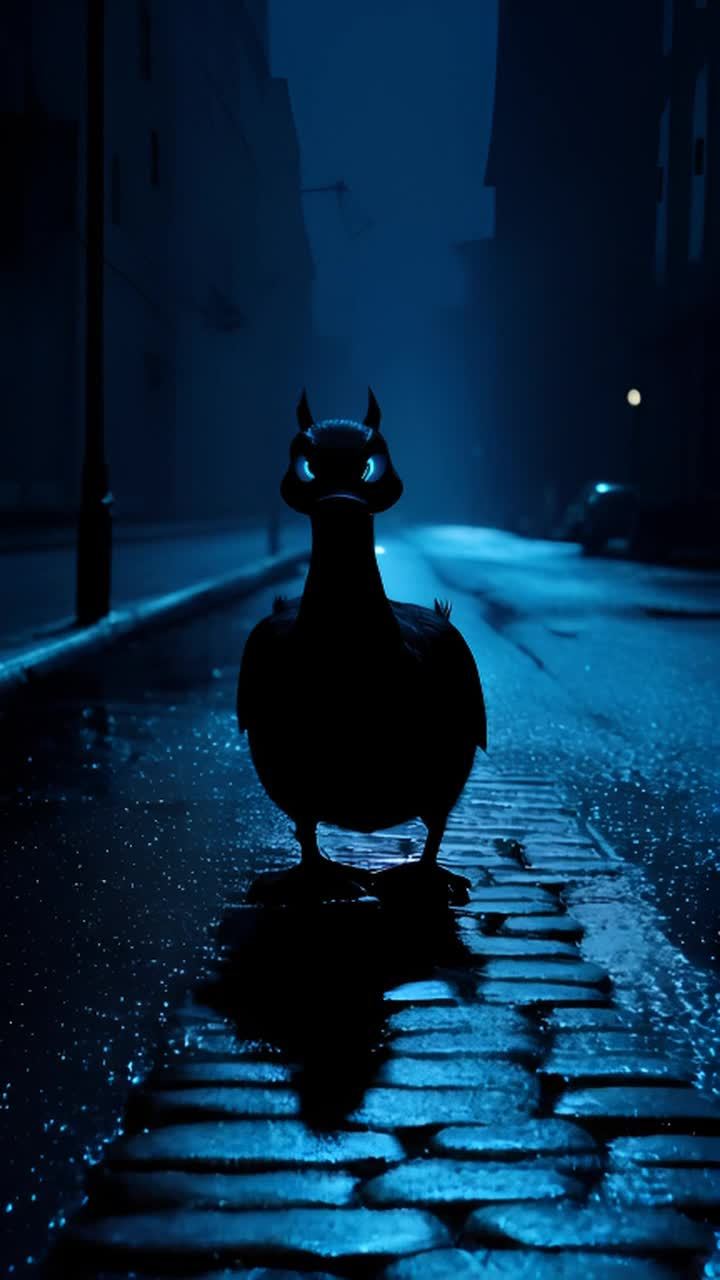 一只鸭子站在昏暗的街道上，雨水浸湿的鹅卵石反射着稀