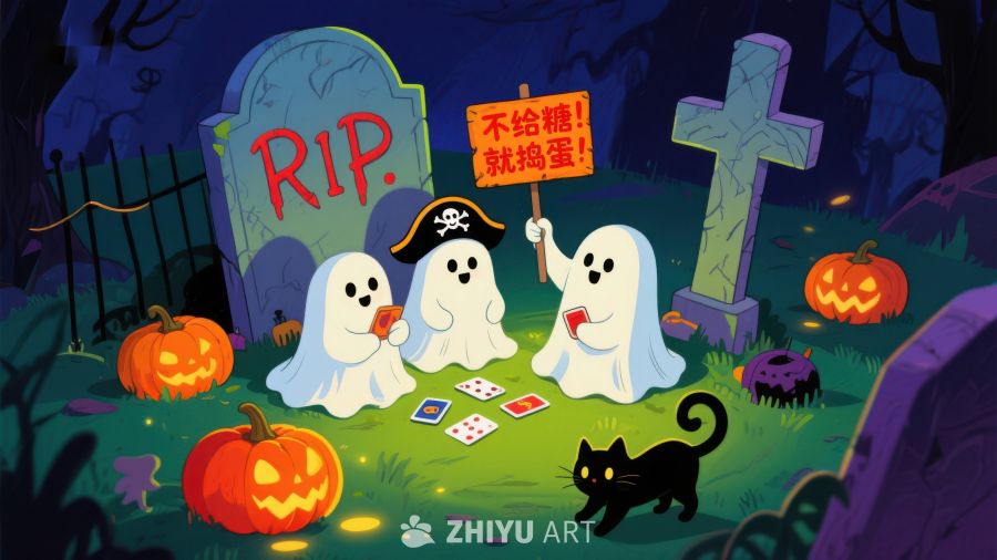 万圣节幽灵在墓地讨糖
