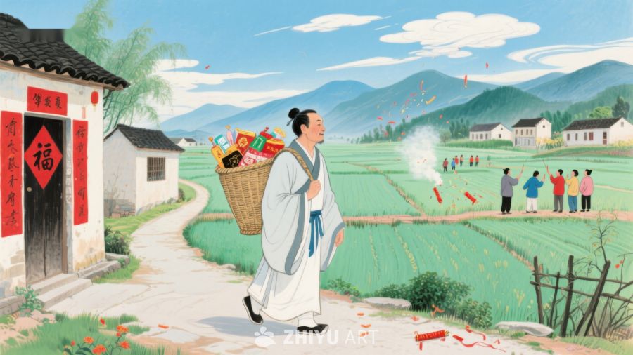 乡村行者携礼篮，田园风光映眼帘 949