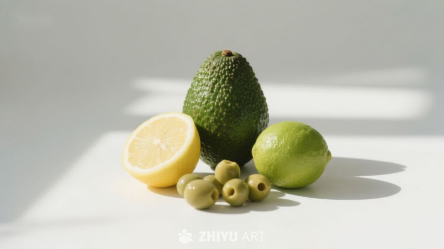 新鲜水果与橄榄的静物组合