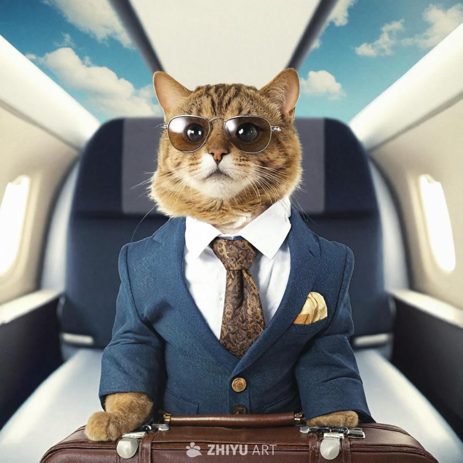 一只猫戴着太阳镜，穿着蓝色西装，打着领带，口袋里放