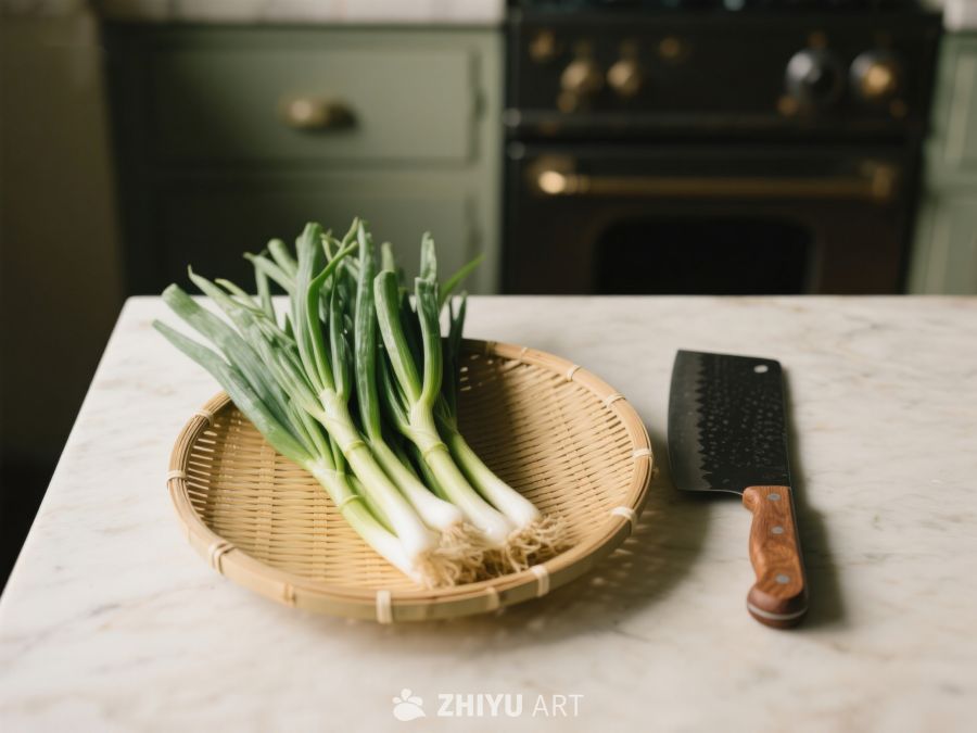 厨房台面上的葱与菜刀 78