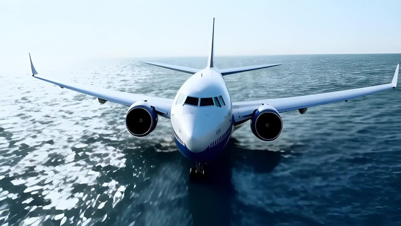 一架波音737飞机在海面上低空飞行，飞机的发动机停