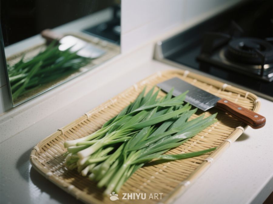 厨房竹篮中的新鲜葱与刀具 104