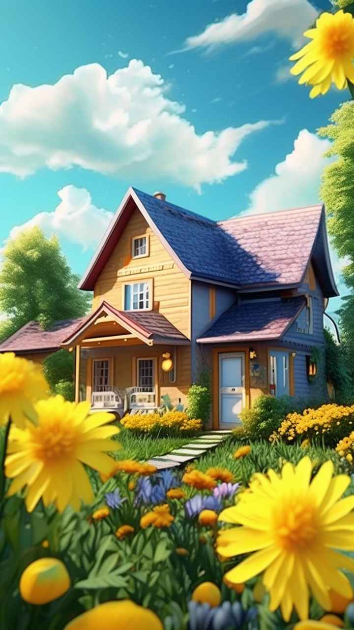 绿色田野里有黄色花朵的房子的水彩插图 34