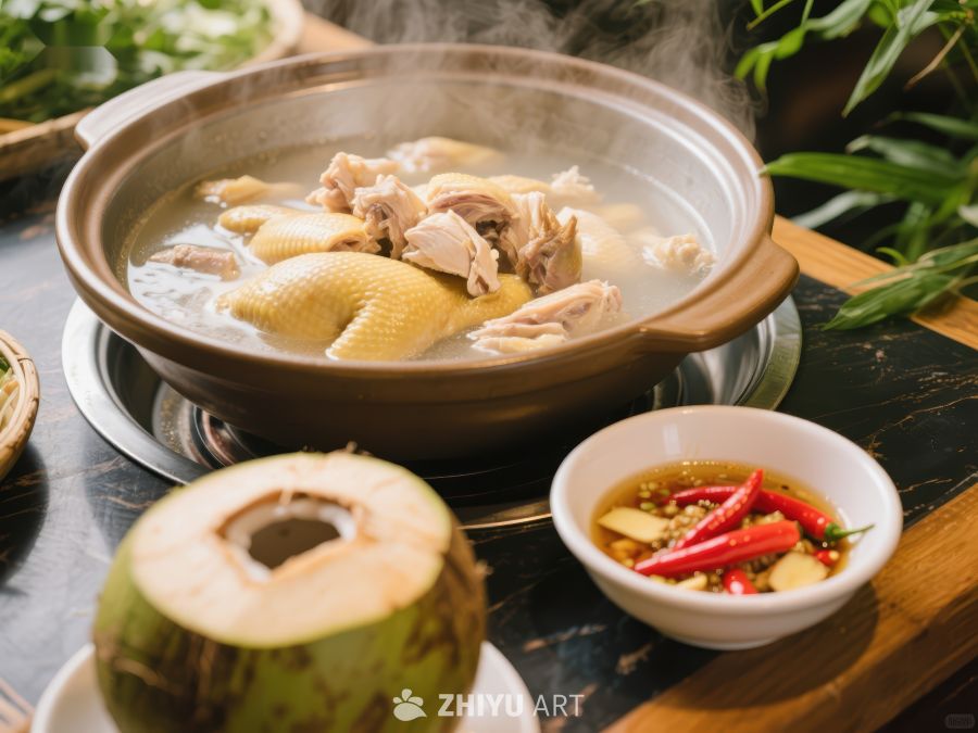 椰子鸡汤热气腾腾，佐料鲜辣诱人 831