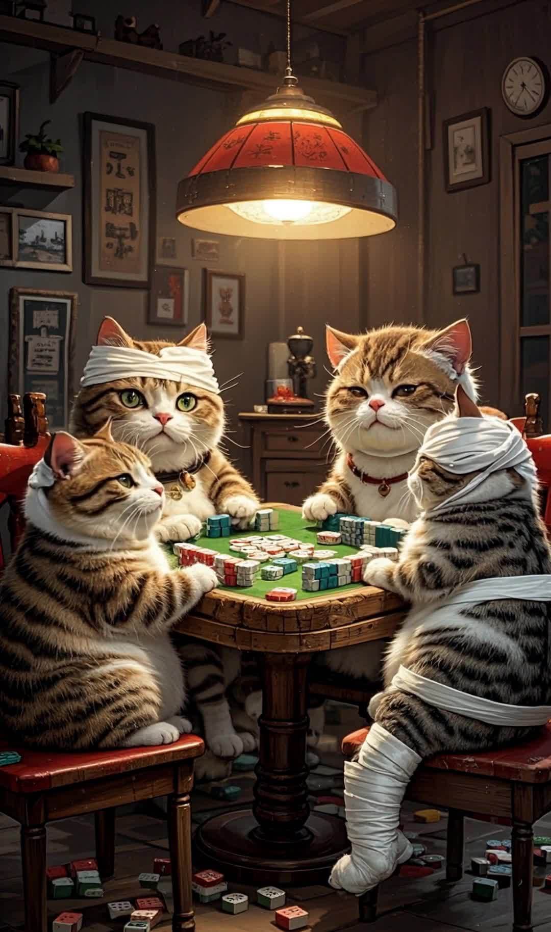 受伤的猫咪赌徒们围坐桌前玩牌