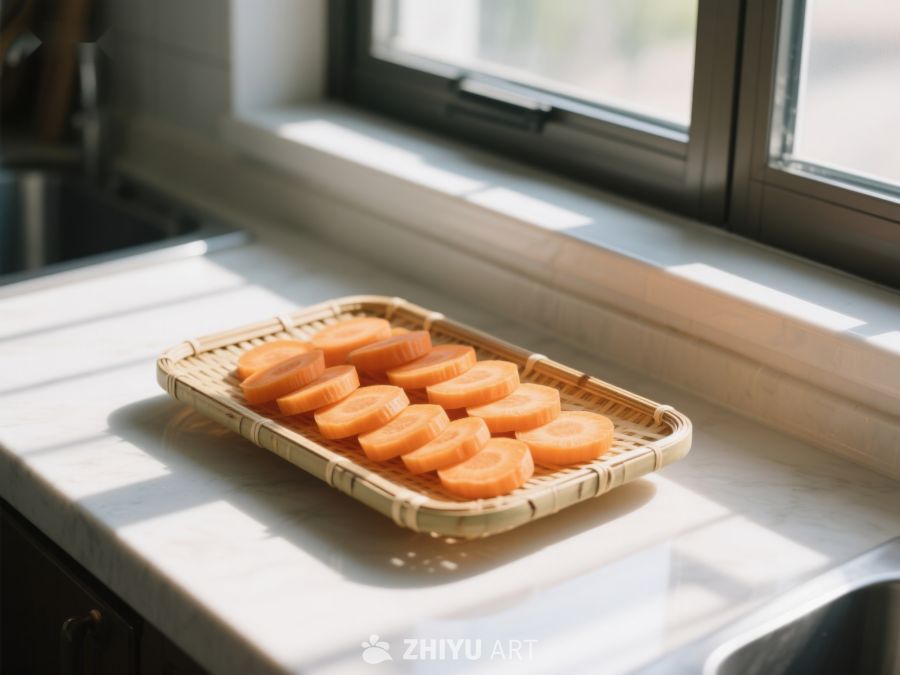 窗边竹篮中的切片胡萝卜 157
