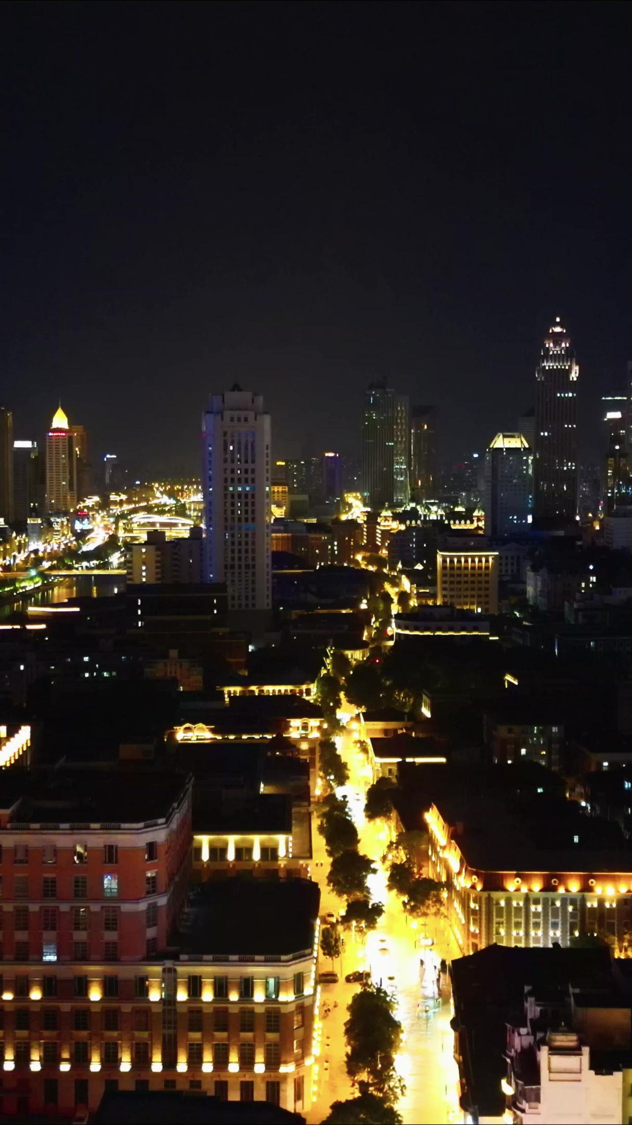 天津海河两岸夜景灯光竖屏航拍 