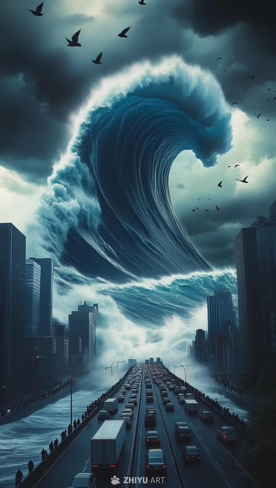 末日般的巨大海啸正朝现代城市的天际线袭来，天空乌云