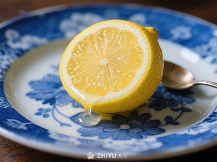 切开的柠檬置于蓝花盘中 389