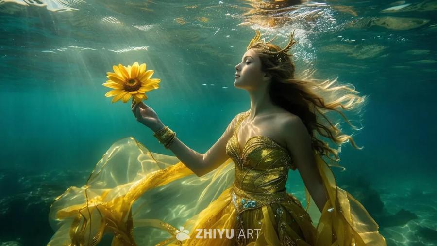水下，一位身穿金色礼服的海之女神，头戴金色王冠，手