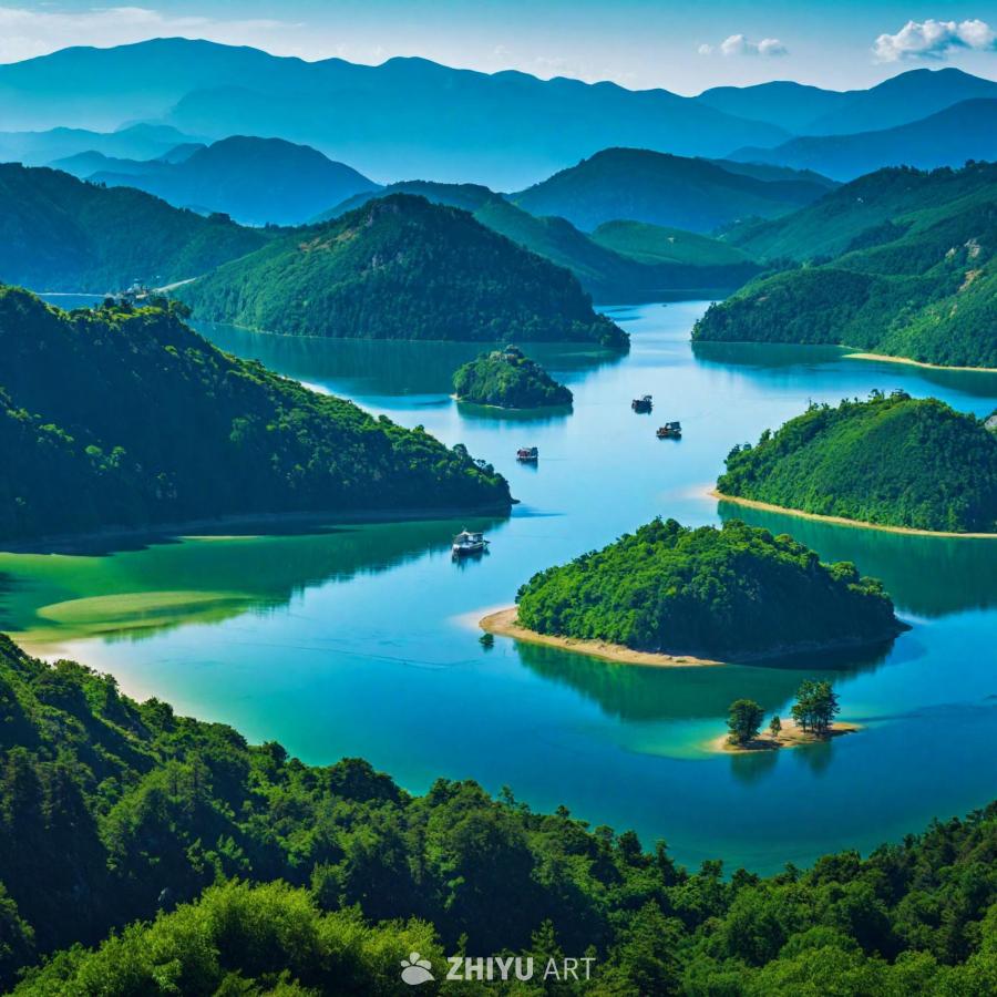 水库中分布着一系列岛屿，周围环绕着茂盛的绿色树木，