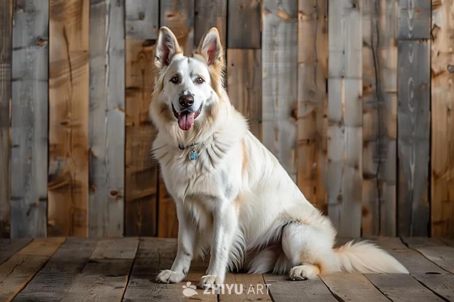一只白色德国牧羊犬坐在木质地板上，背景是谷仓木墙。