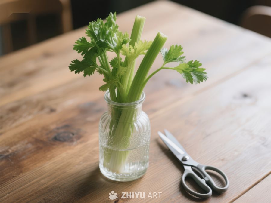 芹菜置于玻璃瓶中，旁放剪刀 360