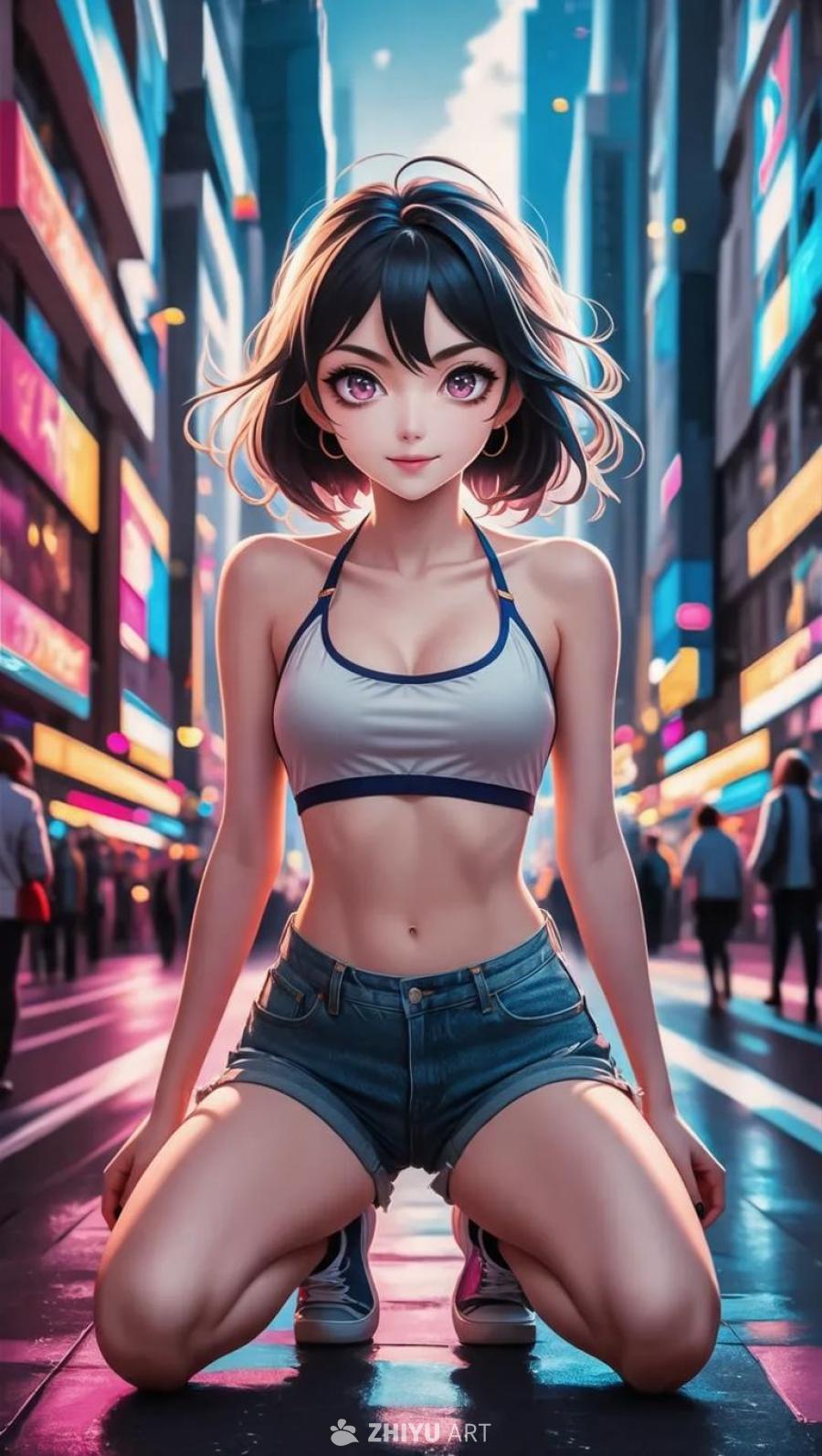 一个动漫风格的女孩穿着露脐上衣和牛仔短裤，双腿交叉