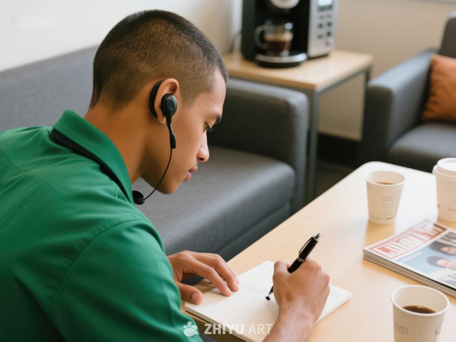 男子佩戴耳机专注笔记 264