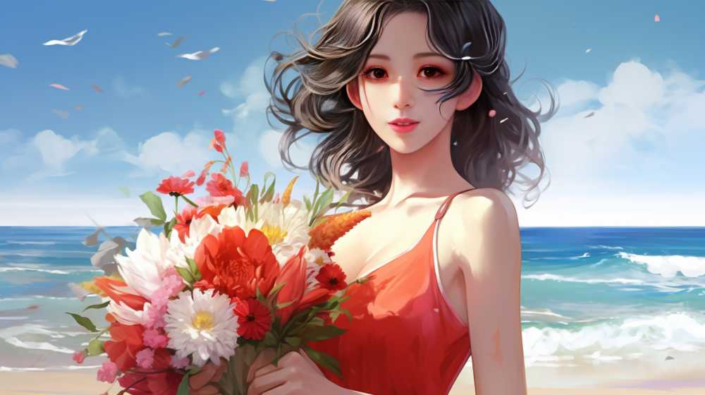 手拿花花的插画美女