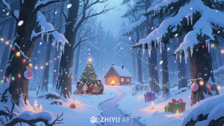 雪夜森林中的温馨圣诞小屋 358
