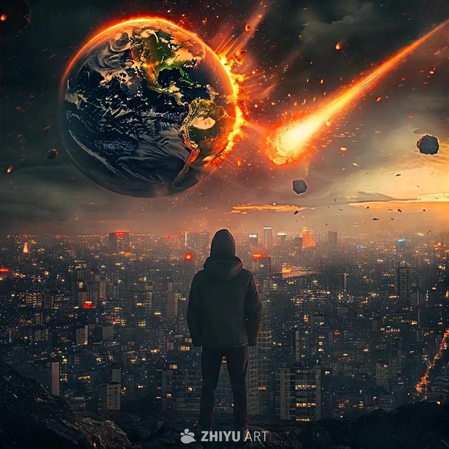 一个人站在高处，背对着镜头，面对着被陨石撞击的地球