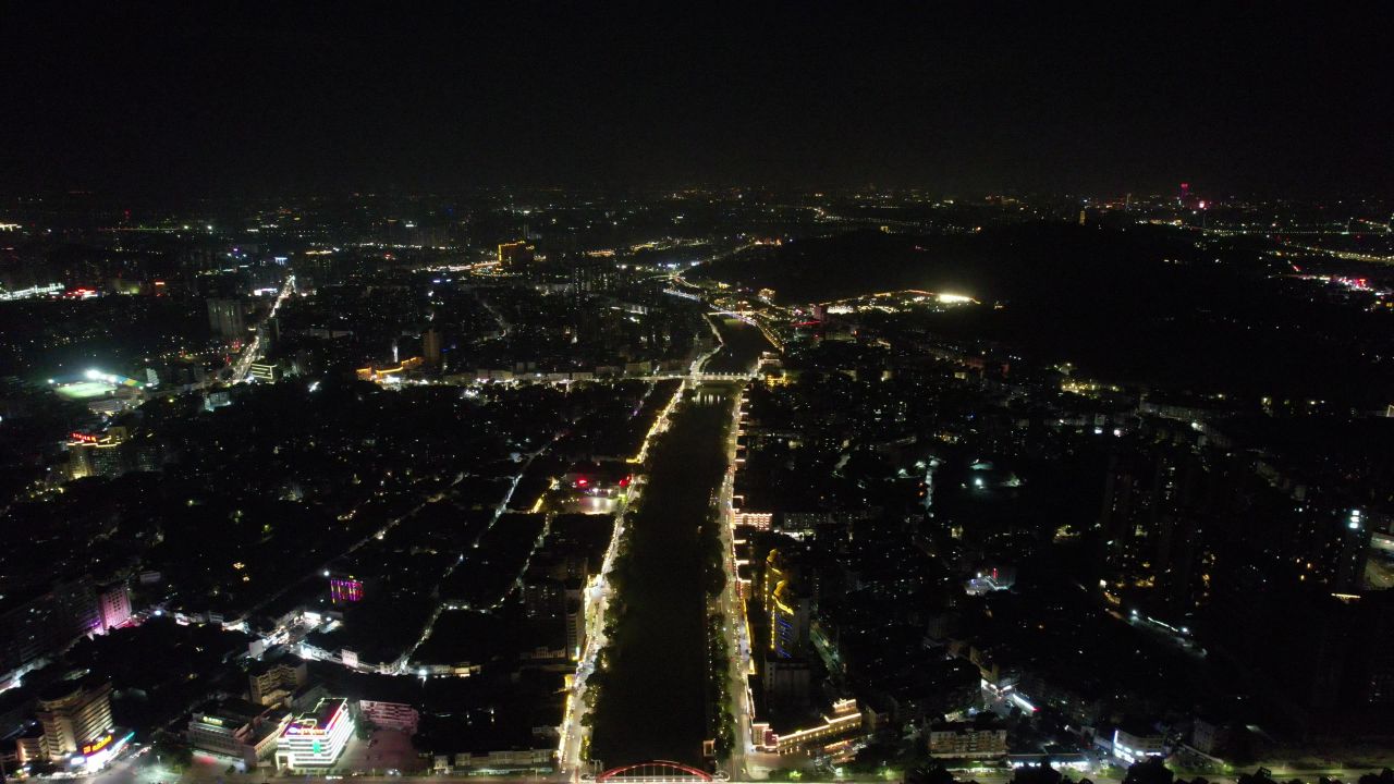 广东江门城市夜景交通航拍