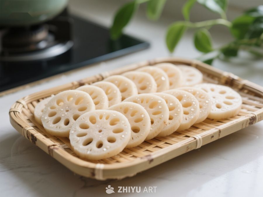 莲藕切片摆放在竹制托盘上 171