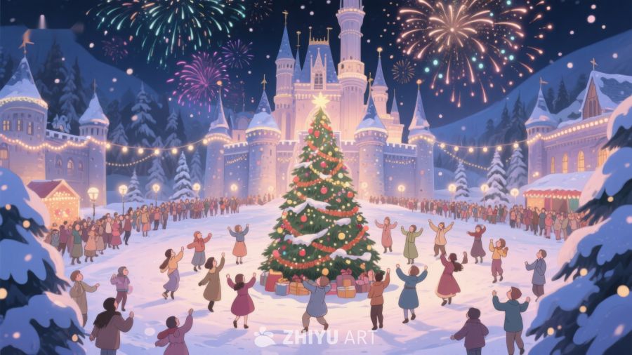 冬夜城堡前的圣诞树庆典 37