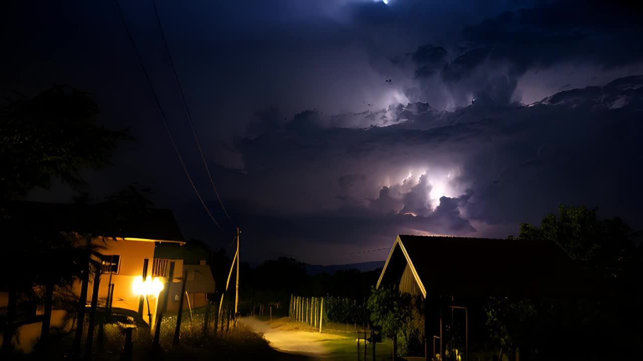 夜晚，一场暴风雨正在逼近。天空被厚厚的乌云笼罩着，