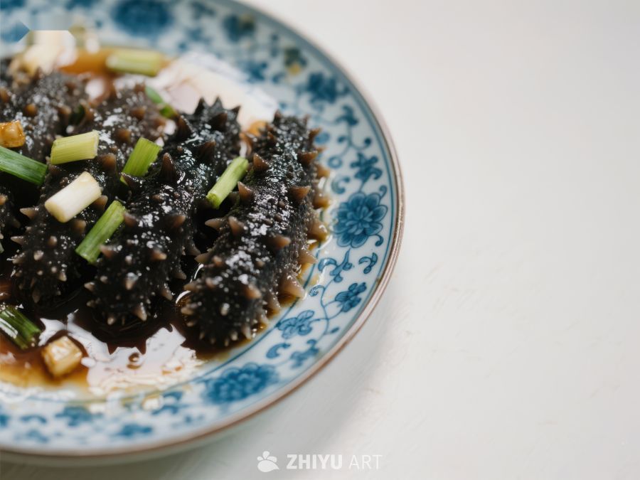 海参菜肴，配以葱花和酱汁 151