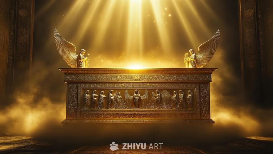 一个由金色打造的约柜，其上有错综复杂的雕刻和天使形