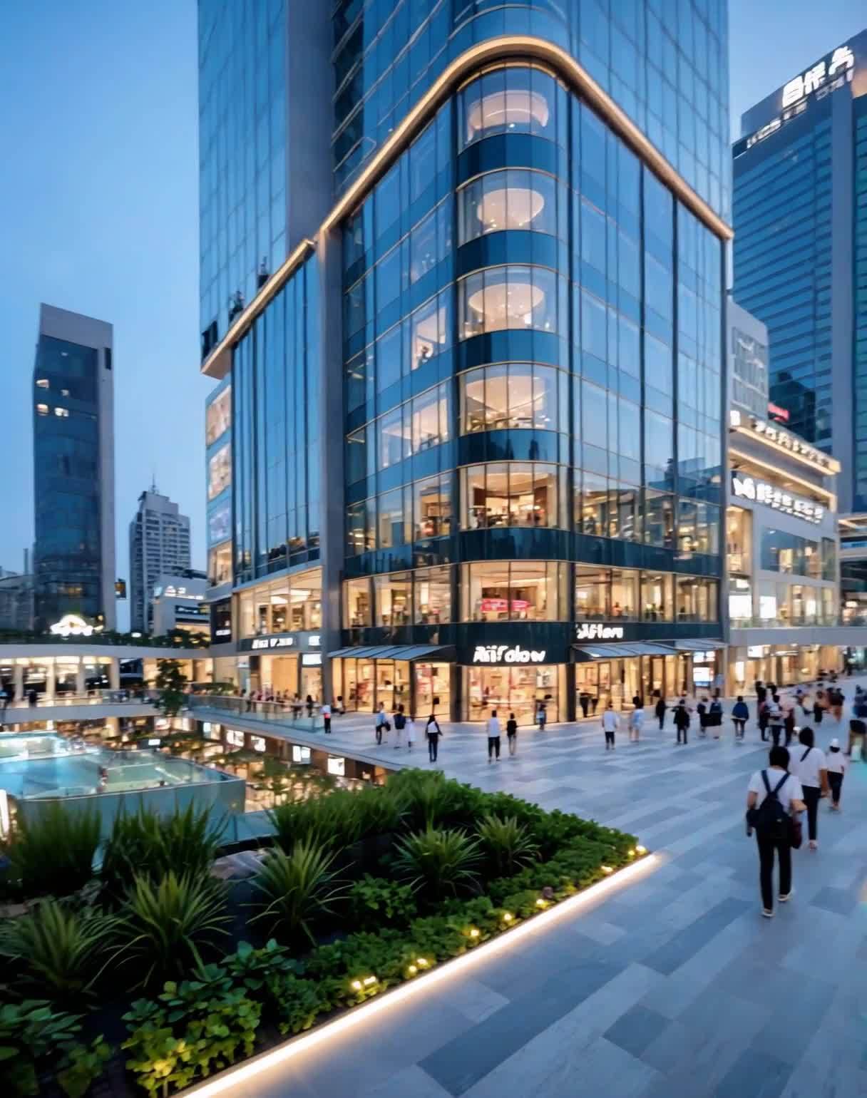 现代化城市广场：高楼建筑和行人行走景象