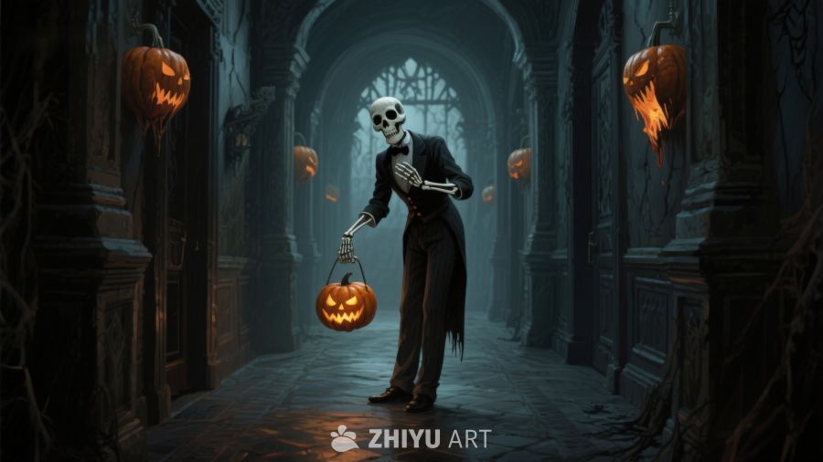 骷髅提灯行走在幽暗拱廊