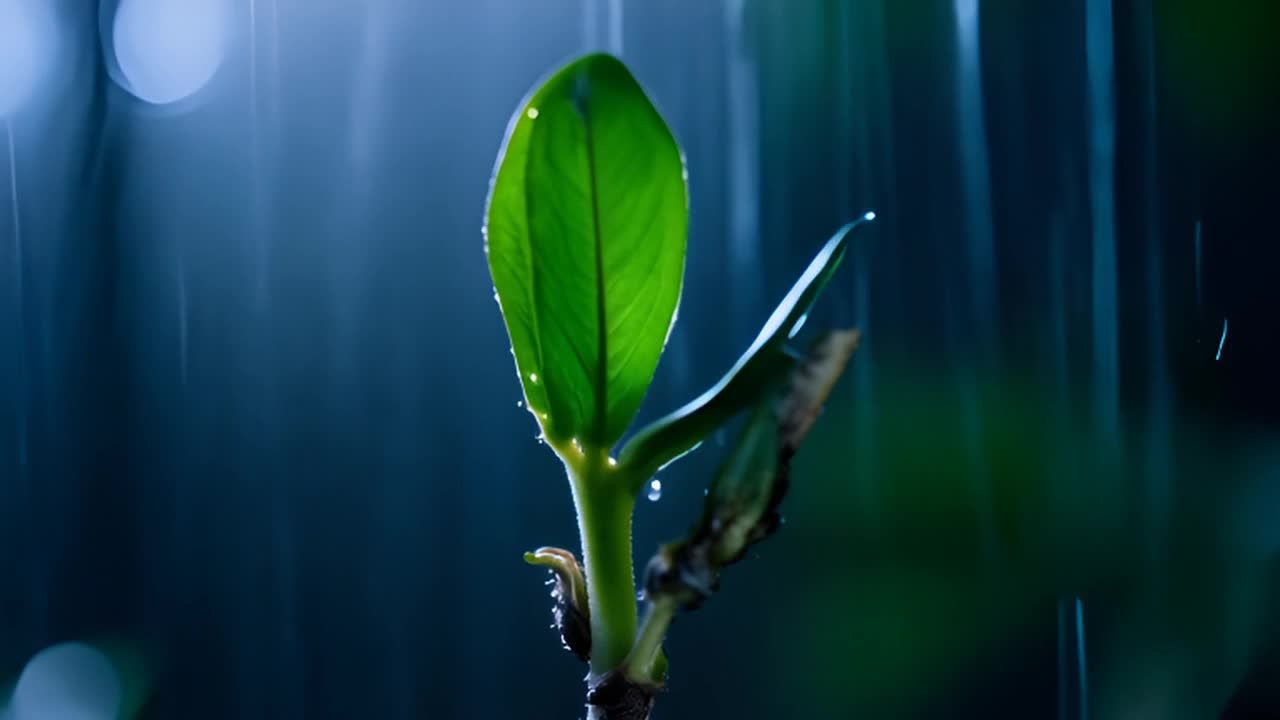 雨滴从空中落下，落在一株近乎枯萎的植物上。雨滴接触