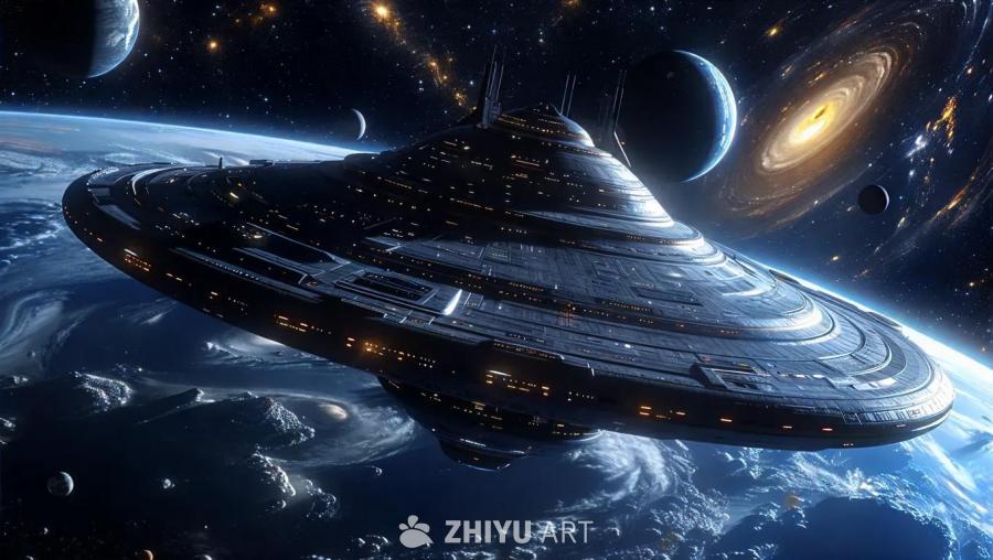 宇宙飞船悬浮在星球上方，星球表面可见云层和陆地。深