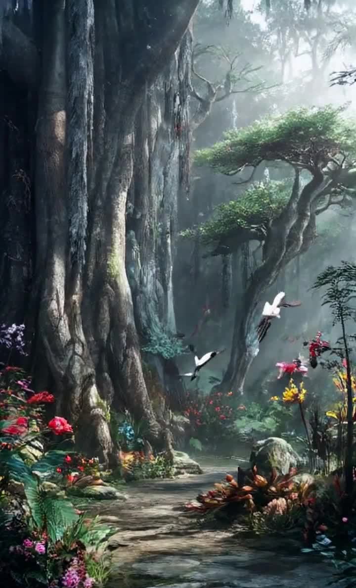 花丛小路白鸟飞舞的云雾森林
