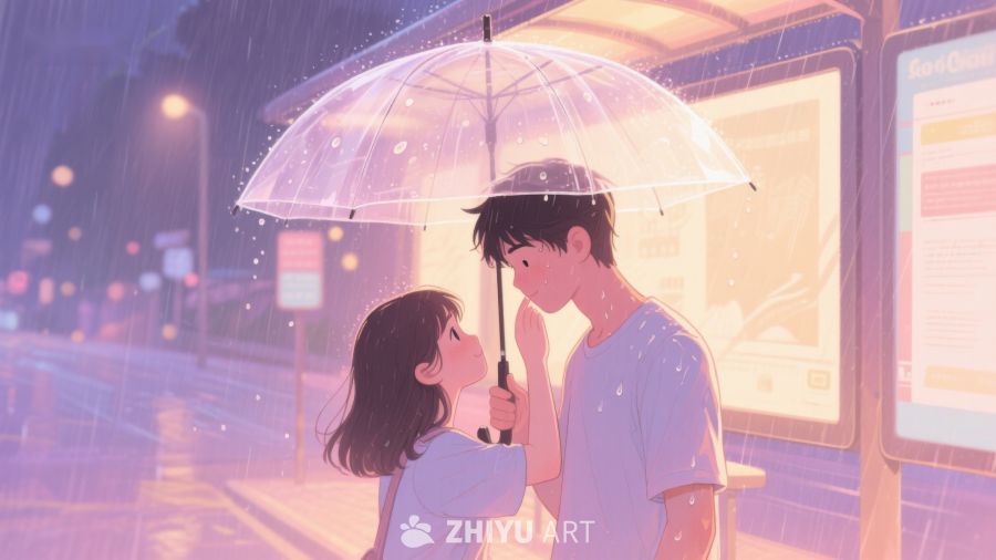 雨中情侣共撑透明伞温馨瞬间 669