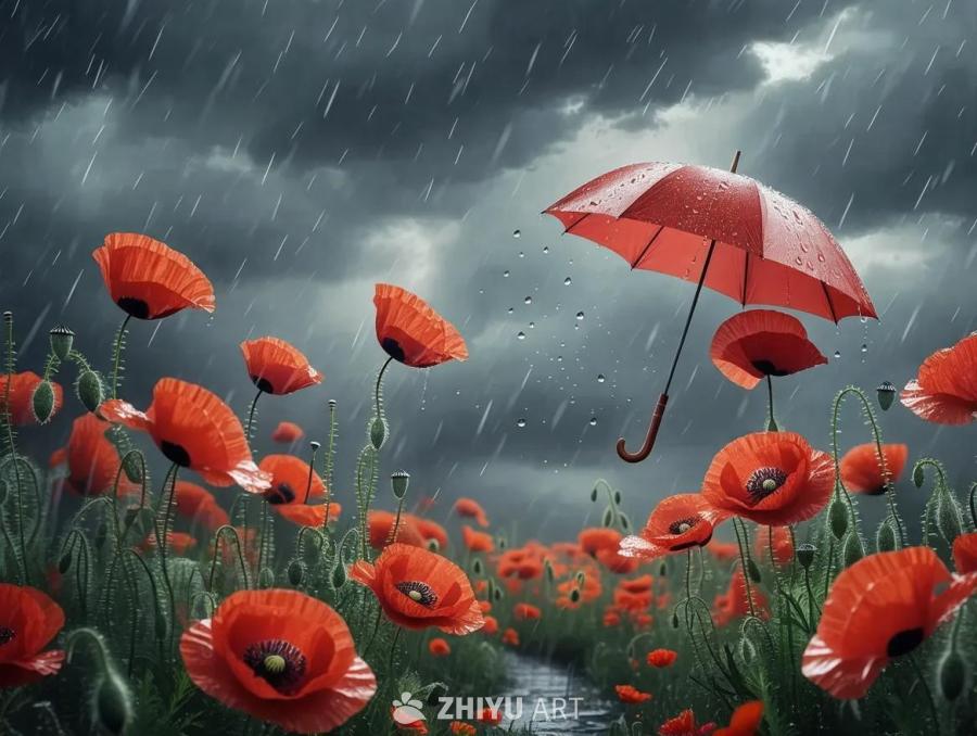 雨天里，遍布着鲜艳的红色罂粟花。一柄红色条纹雨伞在