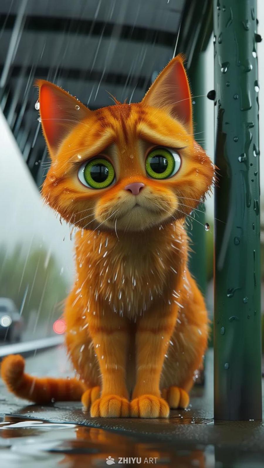 一只橘色虎斑猫，眼睛是绿黄色，全身湿透，瑟瑟发抖，
