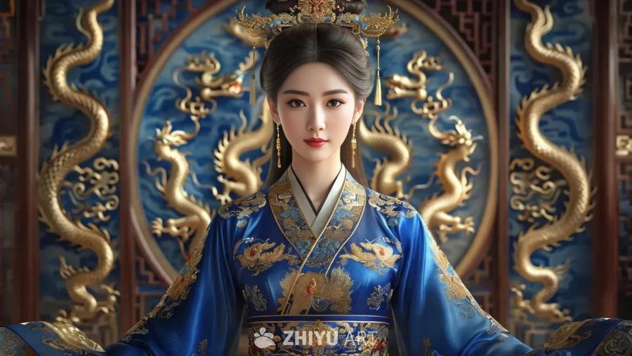 一位身着华丽蓝色和金色中国古代宫廷服装的女性，以精