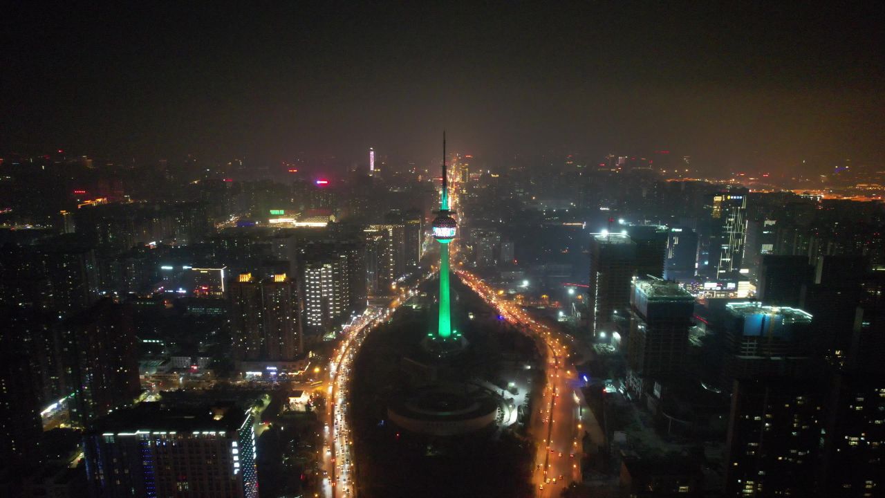 西安电视塔夜景灯光航拍