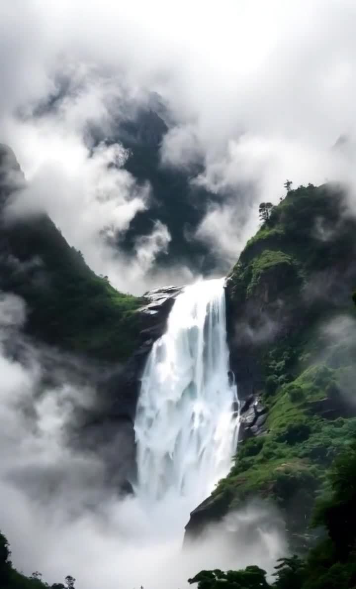 一条巨大的瀑布从高耸的悬崖上倾泻而下。瀑布水流湍急